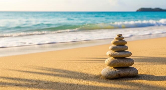 Serene balanced stones on golden beach at sunrise evoke tranquility and peace