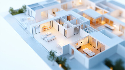 Naklejka premium Modern architectural model showcasing minimalist interior design with open spaces, natural light, and elegant furnishings
