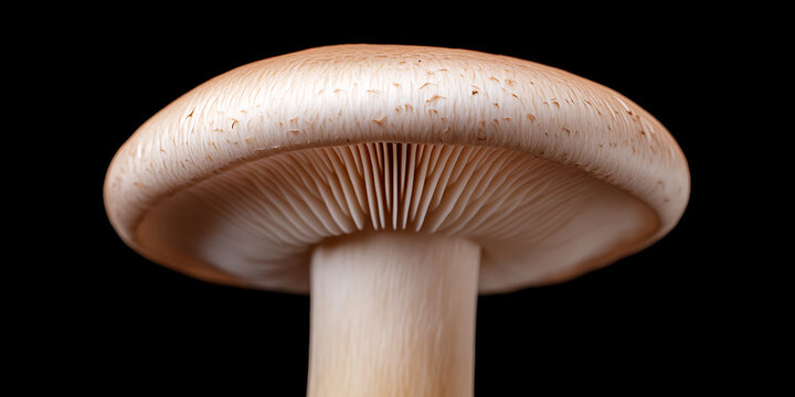 Captivating close-up unveils the intricate details of a mushroom against a dark backdrop, showcasing its smooth cap, delicate gills, and sturdy stem. A treasure from nature's pantry.
