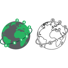 Earth Globe with Numbered Path Around It world planet map orbit route travel journey navigation location