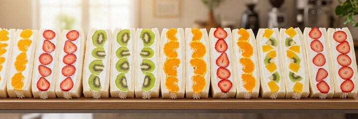 A display of colorful fruit sandwiches, featuring layers of whipped cream and fresh fruit slices. The clean-cut pastel desserts are arranged in a cafe setting.