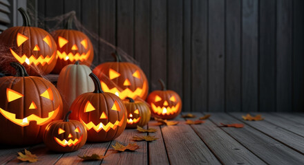 Obraz premium Rustic Halloween Pumpkin Display with Copy Space