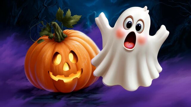 Cheerful ghost with pumpkin for Halloween celebration.