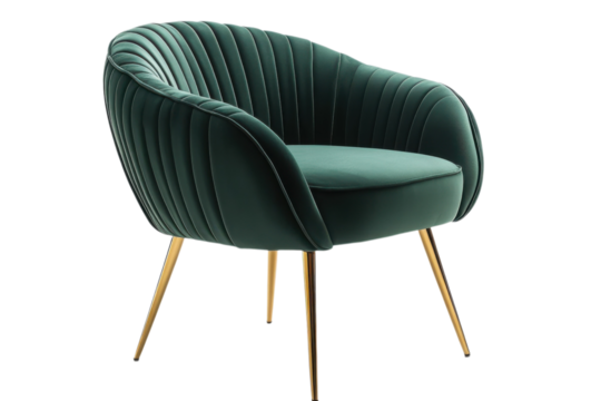Elegant green velvet chair with gold legs showcasing modern furniture design on transparent background