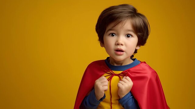 Child in a superhero cape with a cheerful expression.