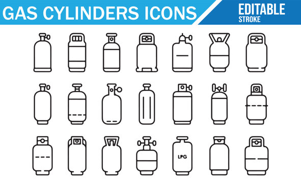 Welding gas cylinders &mdash; minimal icon collection with valves, regulators, and tanks