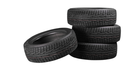 transparent png,Stack of four black car tires isolated on transparent background, PNG, new rubber wheels for automobile, transportation, and automotive maintenance concept