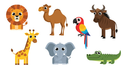 Naklejka premium A charming collection of cartoon wild animals, including a lion, camel, giraffe, elephant, parrot, wildebeest, and crocodile, perfect for children's designs.