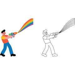Man shooting rainbow from water gun illustration cartoon color line art vector fun toy pride lgbtq gay happy joy