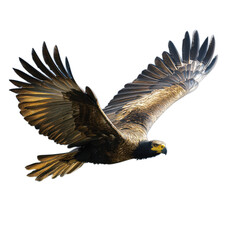 Obraz premium Majestic eagle soars through the sky with wings spread wide against a view on transparent background