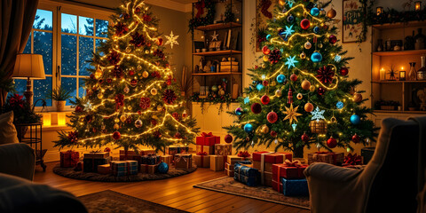 “Beautiful Cozy Living Room Decorated for Christmas with Two Glowing Trees, Gifts and Warm Lights”