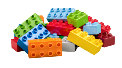 Colorful plastic building blocks isolated on transparent background, PNG, multicolor toy bricks for children creativity, construction, and educational play