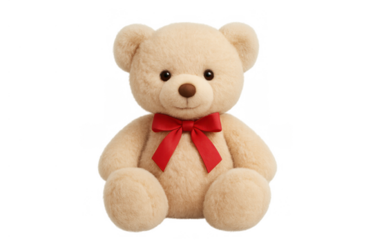 Teddy bear with red bow sitting, representing childhood, comfort, toy, and gift on transparent background