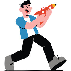 Cartoon Man with Pencil Rocket running fun happy illustration character design vector creative education school