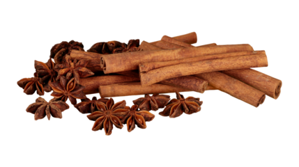 Cinnamon sticks and star anise spice pods arranged together for aroma and cooking ingredient concept, isolated on transparent background, PNG.