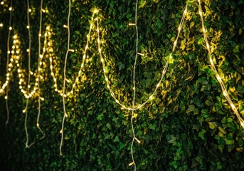 Golden string lights draped over lush green foliage