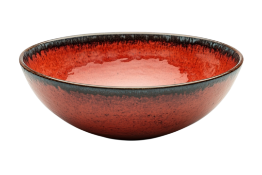 Elegant ceramic bowl with a vibrant red glaze perfect for serving dishes and adding style to any table on transparent background