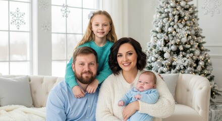 Fototapeta premium Holiday Family Portrait: A family of four radiates warmth and togetherness during the holiday season. The backdrop features a beautifully decorated tree and festive window, all bathed in soft light.