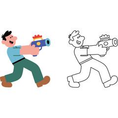 Cartoon Man Running with Toy Gun and Outline Version illustration character play child fun drawing vector design