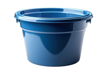 Blue plastic trash can for waste disposal in home or office with a clean and modern design on transparent background