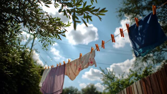 Clothes drying outdoors under sunny sky.