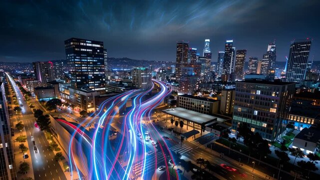 City lights illuminate a vibrant urban skyline.
