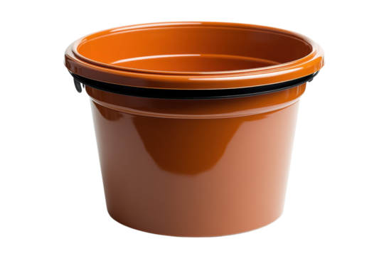 Close up of a new orange plastic pipe fitting with a black rubber seal for plumbing applications on transparent background