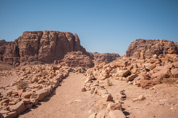 Sunny Scenery of Rocky Cliff and Path in the Middle East. Beautiful Desert Landscape in Jordanian Petra.