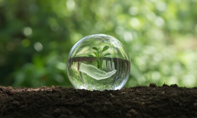 Eco-Harmony in a Globe: a small plant thriving within a transparent orb, held delicately, showcasing ecological balance and interconnectedness.