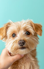 Cute small dog with fluffy fur and expressive eyes, held gently by hand against bright turquoise background, radiating warmth and affection