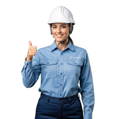 A smiling female construction worker wearing a white hard hat and blue denim shirt gives a thumbs up gesture isolated on transparent background
