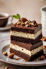 Homemade chocolate sponge cake with cottage cheese cream and dark chocolate glaze topping