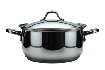 Stainless steel stock pot with lid for cooking and food preparation on transparent background