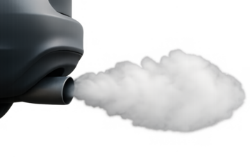 Car exhaust pipe emitting white smoke, polluting air with harmful emissions, on transparent background