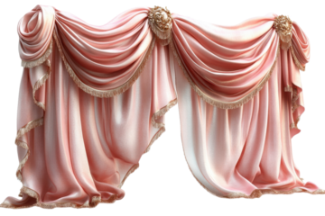 Elegant pink silk curtains with gold trim and decorative rosettes for luxury interior design style on transparent background