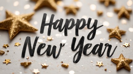 A festive image featuring sparkling gold stars and the phrase Happy New Year, Ideal for celebration announcements, greeting cards, or social media posts to ring in the new year,