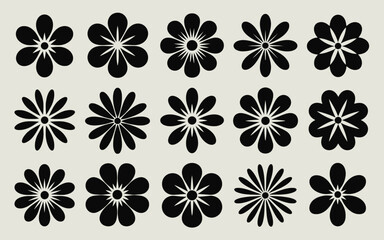 Fifteen black silhouette icons of various stylized flowers with multiple petals on a light beige background