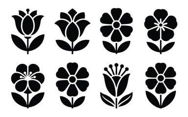 Eight distinct black silhouette icons of stylized flowers with stems and leaves on a white background