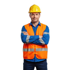 Smiling construction worker wearing a yellow hard hat and orange safety vest with arms crossed isolated on transparent background