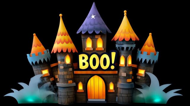 Colorful Halloween castle with spooky decorations.