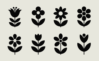 Eight black stylized floral icons with stems and leaves on a beige background flower symbol