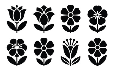 Eight stylized black floral illustrations with leaves on a white background flower graphic