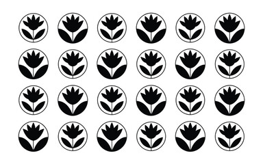 Black tulip icons in circles arranged in a grid on a white background flower symbol