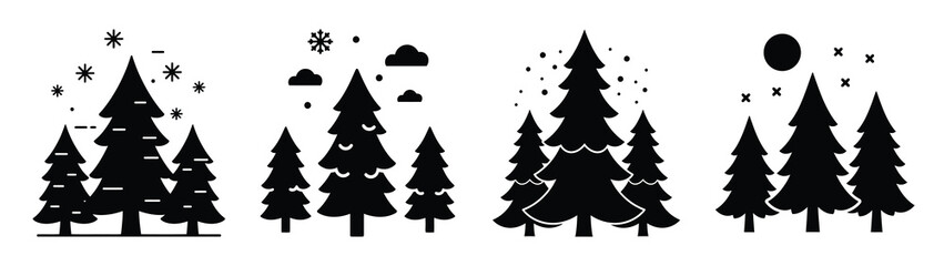 winter forest silhouette vector icons collection isolated on white background.Christmas Vector Icon Set.