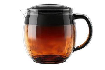 Elegant glass teapot filled with freshly brewed tea showcasing its rich color and inviting warmth indoors on transparent background