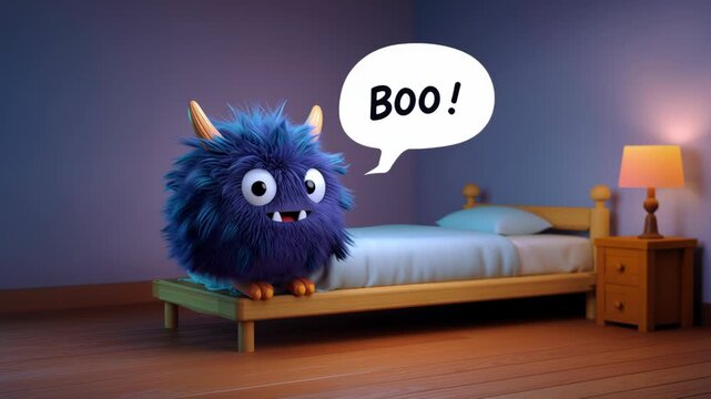 Cute blue monster surprises from bed with 'Boo!'