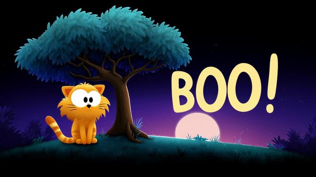 Cute cartoon cat under a tree at twilight.