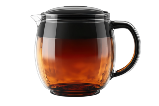 Elegant glass teapot filled with freshly brewed tea showcasing its rich color and inviting warmth indoors on transparent background
