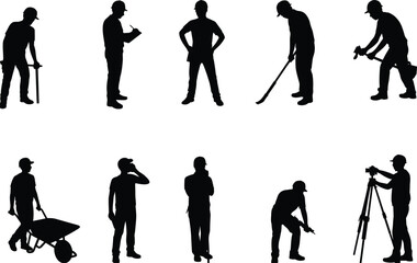 Obraz premium Construction workers silhouettes, labor tasks, industrial workforce, job site activity, manual tools, teamwork, engineering roles, safety gear, infrastructure, urban development