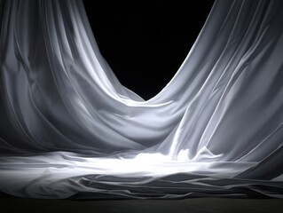 Elegant flowing white silk fabric drapes with dramatic lighting empty dark studio background luxurious textile backdrop for product display or presentation ethereal soft folds smooth texture